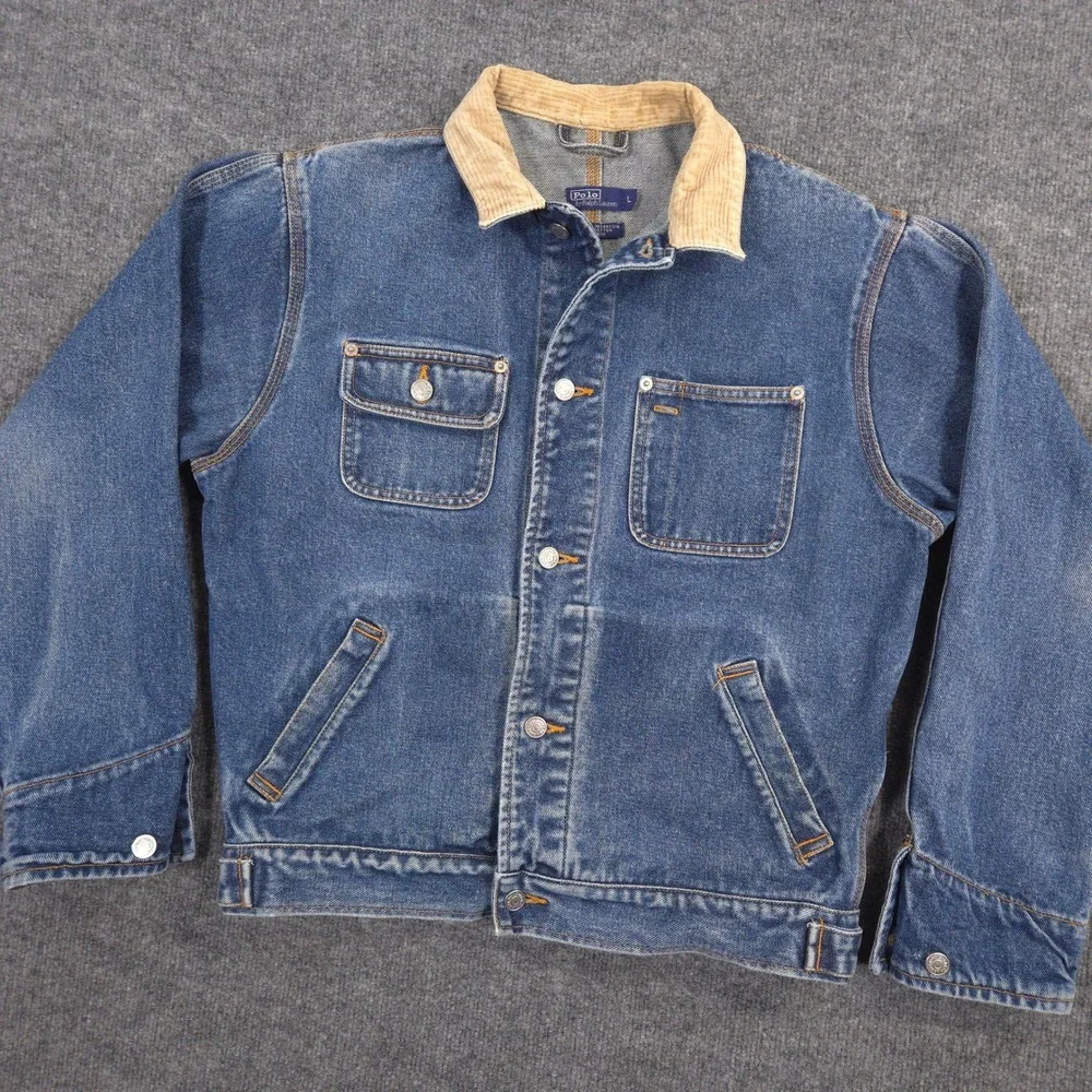 VTG Polo Ralph Lauren Denim Jacket Mens L Blue Corduroy Collar Trucker Workwear